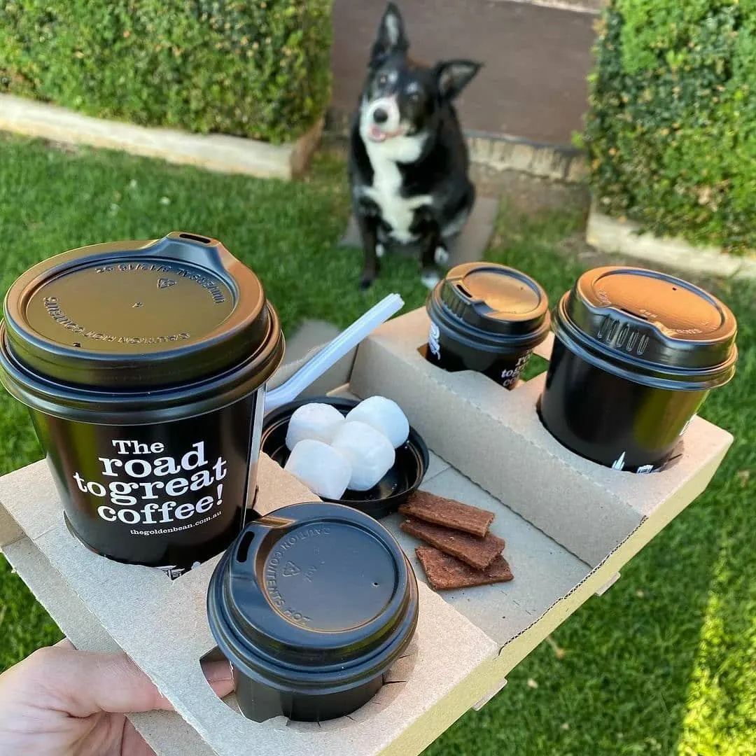 A tray of Golden Bean coffees with marshmallows and treats, and a border collie waiting on the grass
